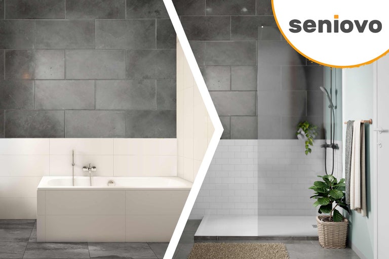 Badezimmergestaltung mit Badewanne und Dusche sowie Fliesen in Grau und Weiß. Seniovo Logo.