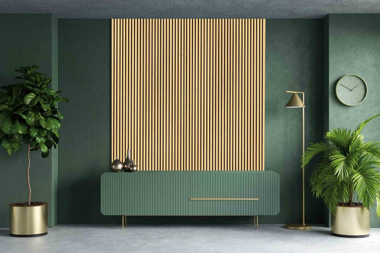Wohnraum mit Paneelwand, Sideboard und Zimmerpflanzen für eine moderne Raumgestaltung.