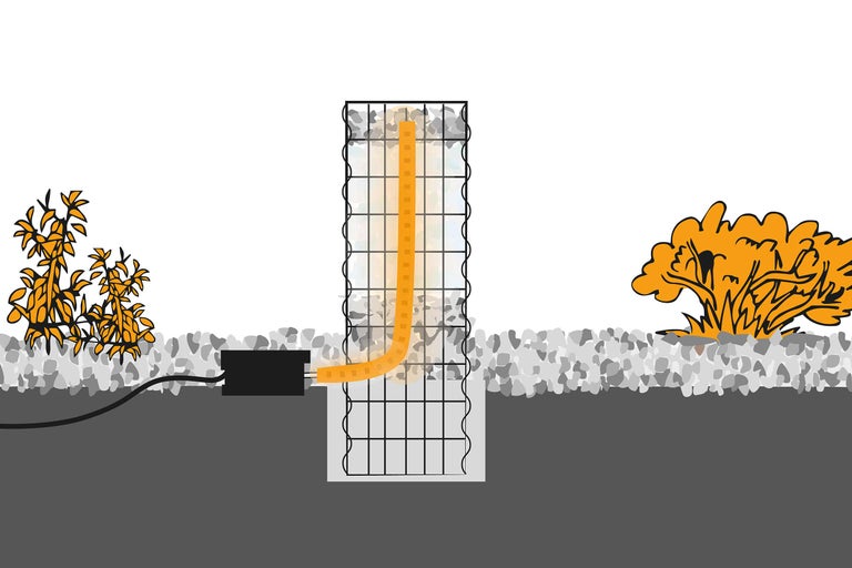 Illustration einer Gabione mit Beleuchtungsweg im Garten