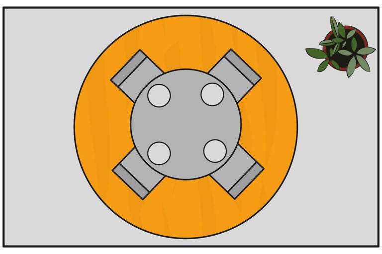 Draufsicht auf ein Befestigungselement mit vier Armen auf einer runden Fläche und einer Pflanze im Topf