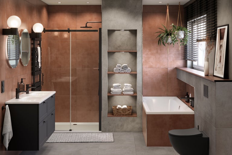 Helles Badezimmer mit Waschtisch, Dusche, Badewanne und Toilette in modernem Design