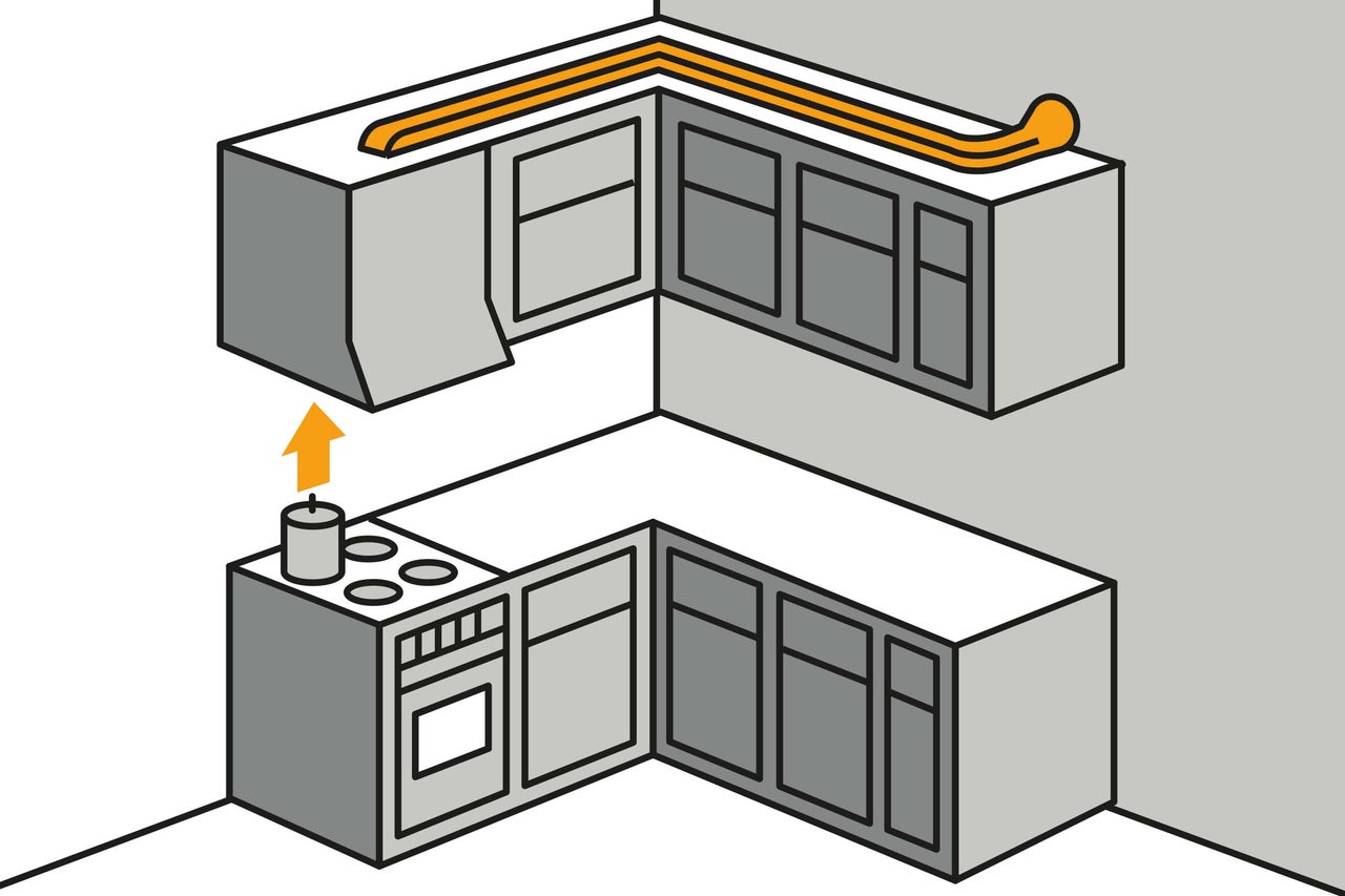Illustration einer Küchenzeile mit Dunstabzugshaube und Herd