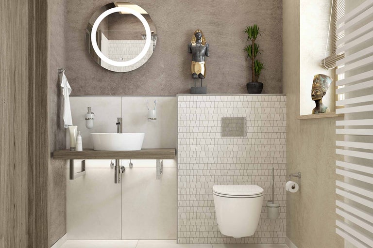 Modernes Badezimmer mit Waschtisch, Spiegel, Toilette und Heizkörper