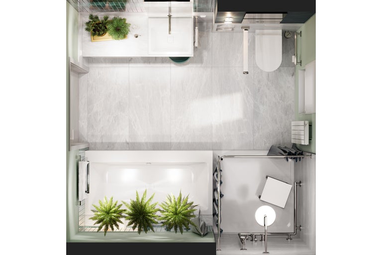 Vogelperspektive eines Badezimmers mit Badewanne, Waschbecken, Toilette und Dusche