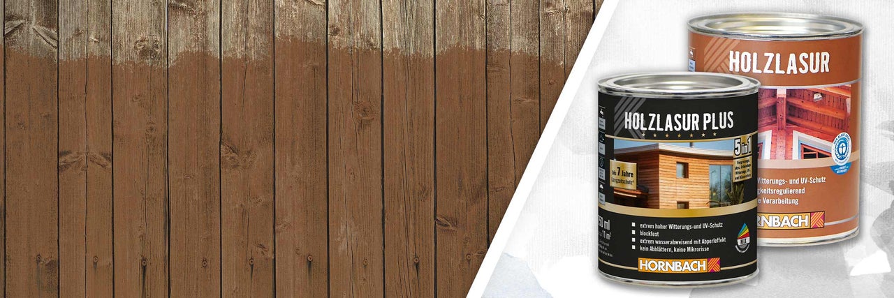 Holzzaun teilweise mit Holzlasur behandelt und zwei Dosen Holzlasur Plus
