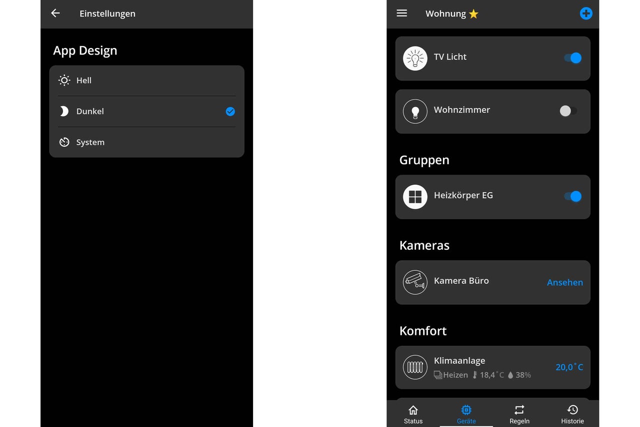 Screenshot einer Smart Home App mit Einstellungsmenü und Geräteübersicht