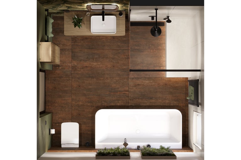 Vogelperspektive eines Badezimmers mit Badewanne, Dusche, Waschbecken und braunen Fliesen