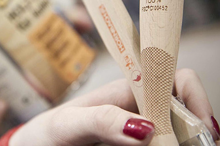 Detailansicht eines Hornbach-Malpinsels mit Holzgriff und FSC-Siegel