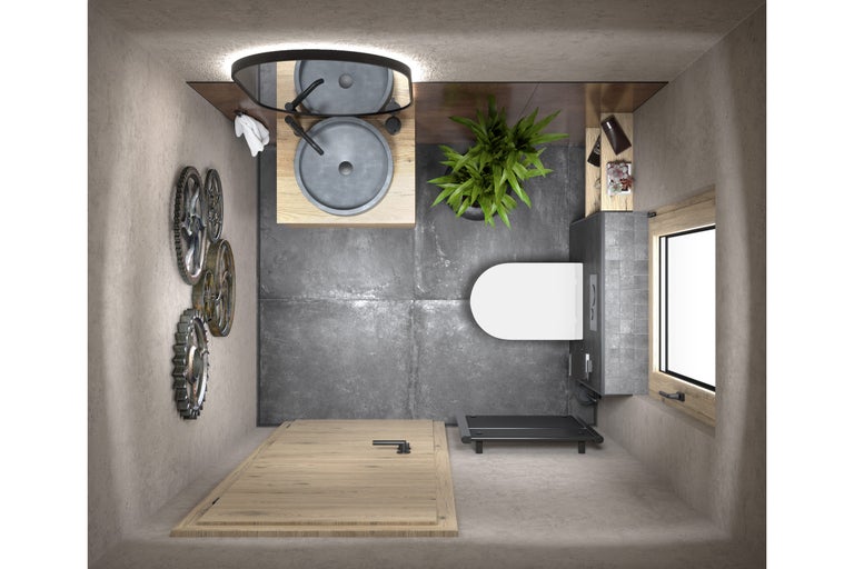 Badezimmer mit Waschtisch, Toilette, Handtuchwärmer und Dekoration, Vogelperspektive