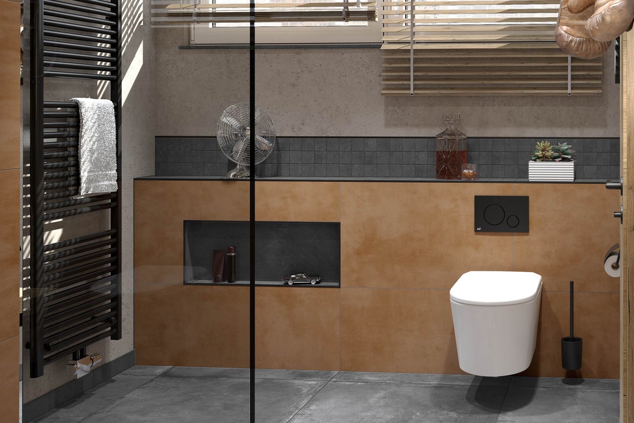 Modernes Badezimmer mit wandhängender Toilette, schwarzer Betätigungsplatte, terrakottafarbenen Wandfliesen und grauem Boden in Betonoptik.