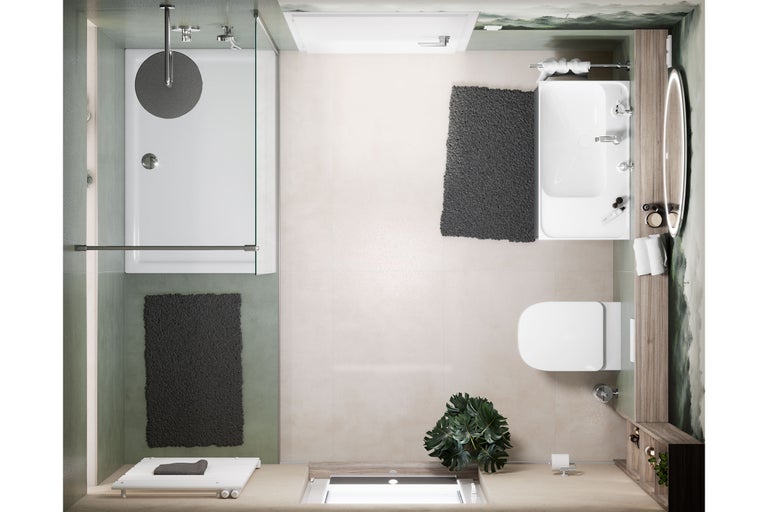 Übersicht eines Badezimmers mit Dusche, Badewanne, Toilette, Waschbecken und Spiegel