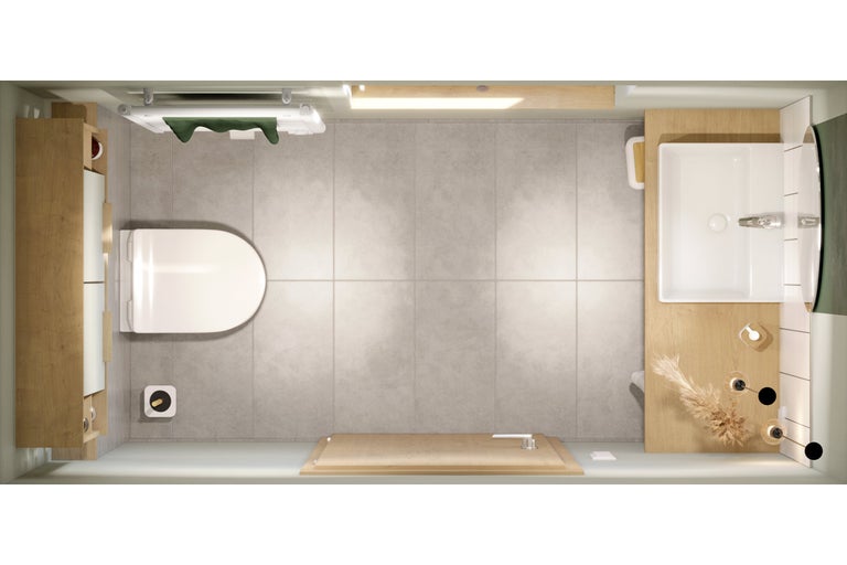 Badezimmer mit Toilette, Waschtisch und Dusche aus der Vogelperspektive