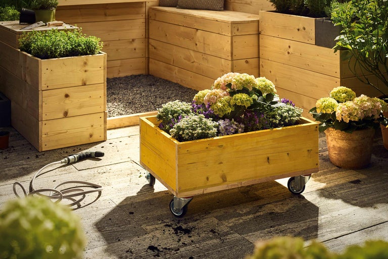 Szene mit Hochbeeten aus Holz und verschiedenen Pflanzen auf einer Terrasse.