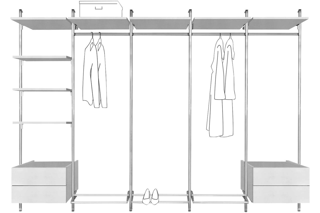 Begehbarer Kleiderschrank mit Regalen, Schubladen und Kleiderstangen