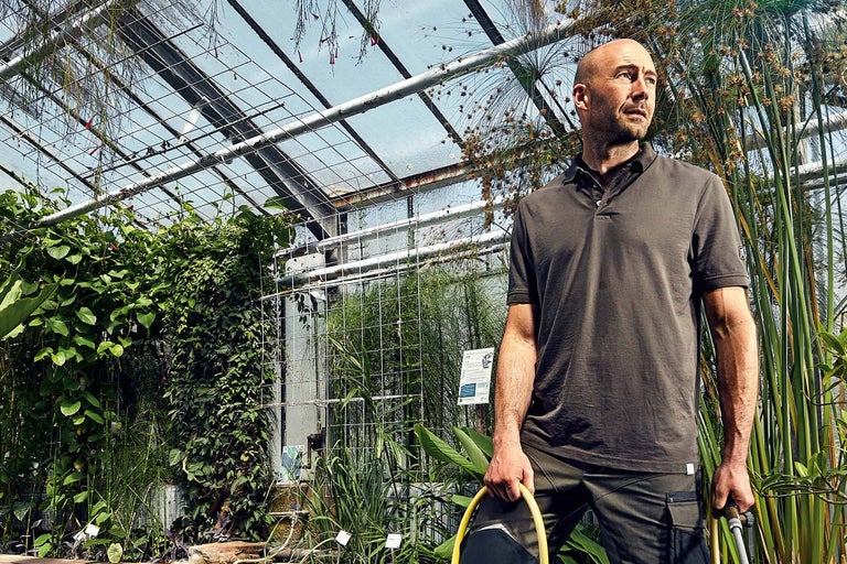 Mann mit Poloshirt und Hose in einem Gewächshaus mit Pflanzen und Bewässerungsschlauch