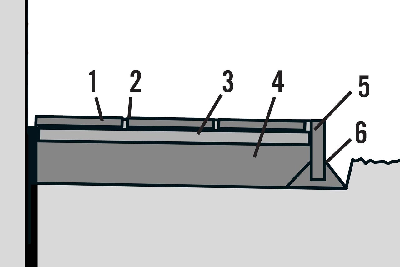 Schematische Darstellung eines Bauprojekts mit verschiedenen Bauteilen und Nummern.