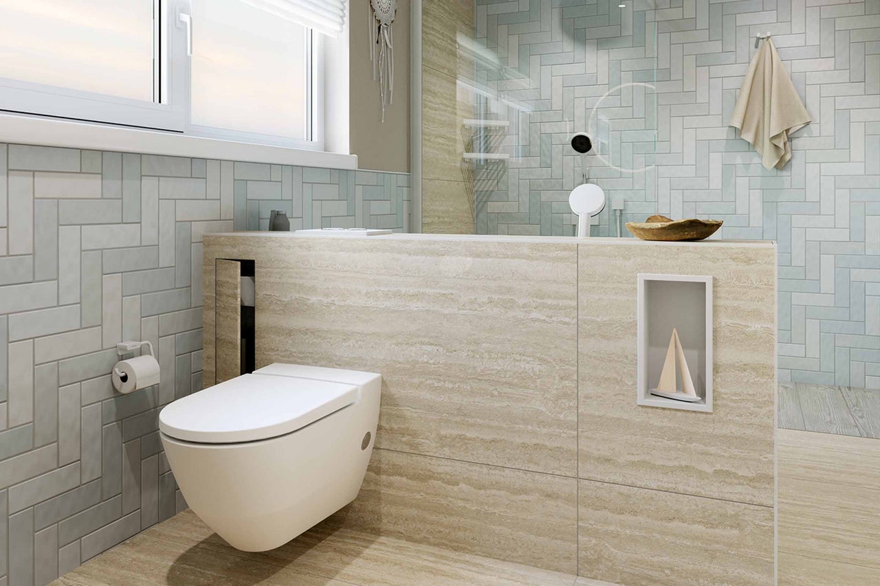 Modernes Badezimmer mit Wand-WC, Fliesen in Fischgrätmuster und Waschtisch