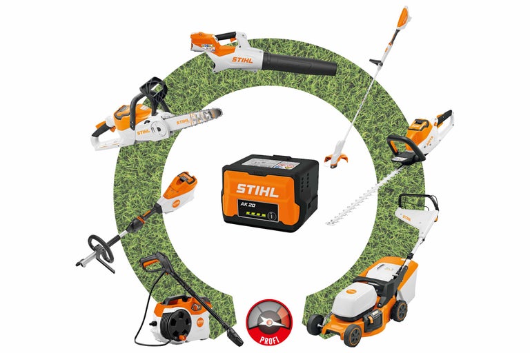 Sortiment von Gartengeräten inklusive Akku von Stihl