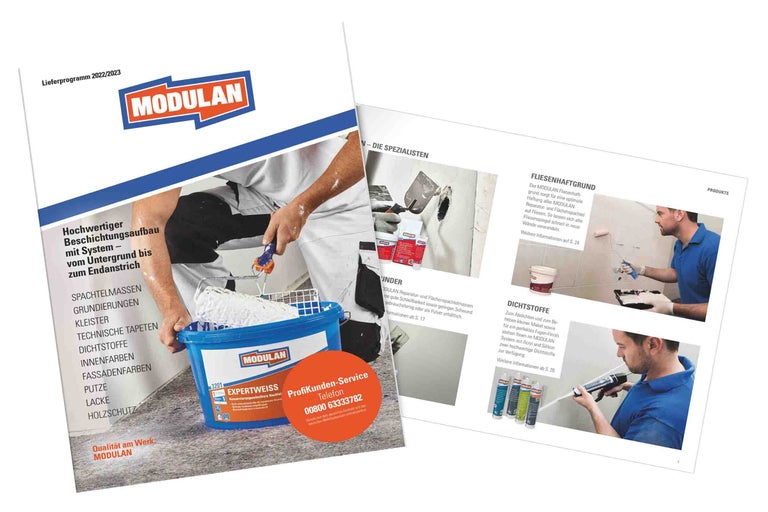 Modulan Katalog 2022/2023 mit Farbauswahl, Fliesenhaftgrund, Dichtstoffen und Spachtelmassen