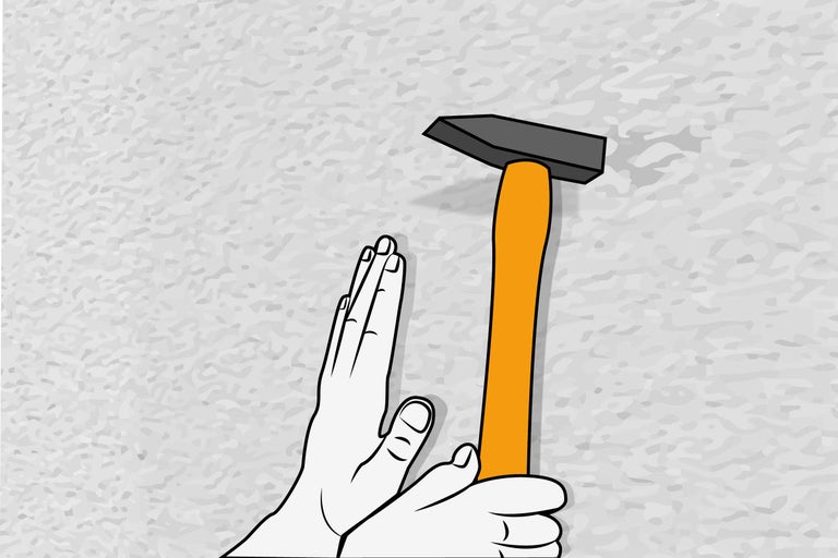 Illustration eines Hammers und einer Hand vor einer Wand