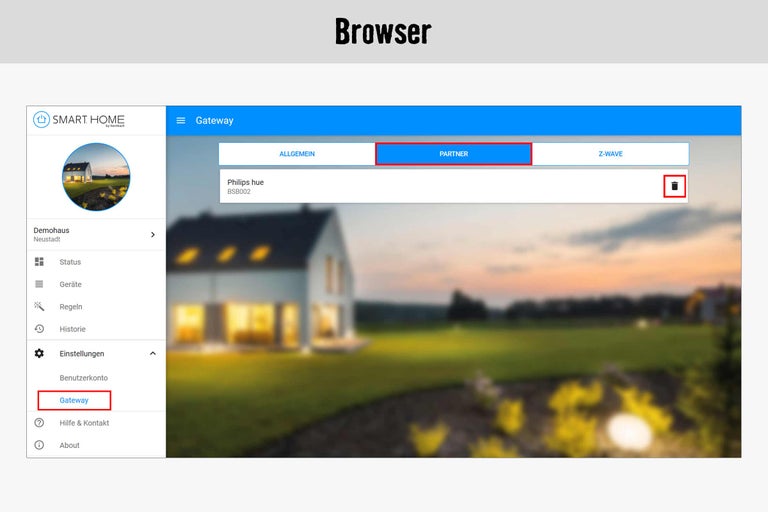 Smart Home Browseransicht mit Gateway-Einstellungen