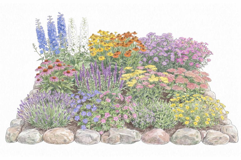 Illustrierter Pflanzplan für ein Staudenbeet mit Blumen wie Rittersporn, Sonnenhut und Lavendel, eingefasst von Feldsteinen.