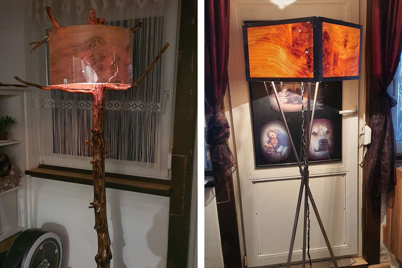 Stehlampe aus Holz mit Lampenschirm im Innenraum