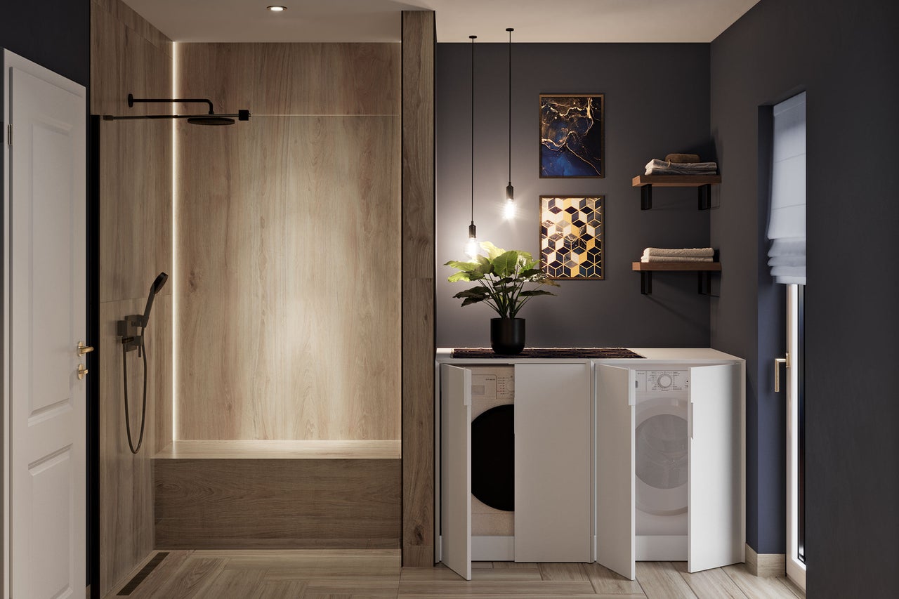 Modernes Badezimmer mit Dusche, Waschmaschinen und Regalen