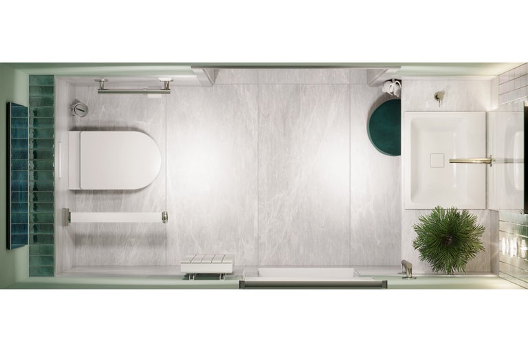 Vogelperspektive eines Badezimmers mit Toilette, Waschbecken und Fliesen