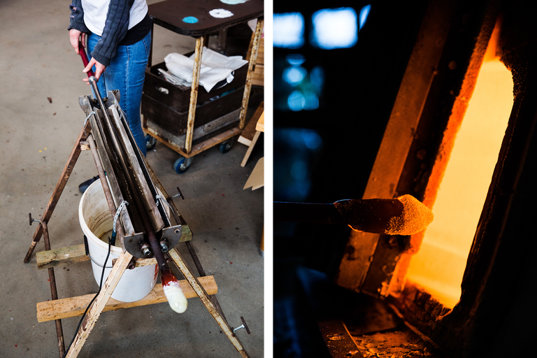 Szene der Glasherstellung mit Werkzeugen und heißem Glas