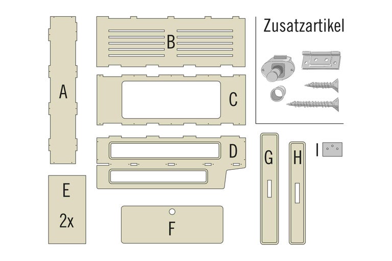 Übersicht verschiedener Holzteile und Zubehörartikel für ein Möbelstück