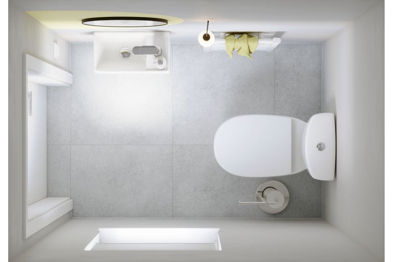 Überkopfansicht eines Badezimmers mit Waschbecken, Toilette und Handtuchhalter