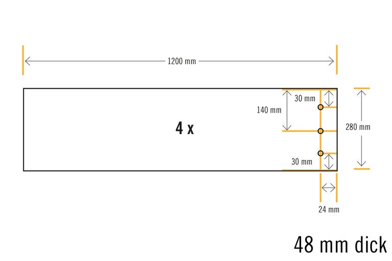Technische Zeichnung mit Maßangaben für Holz, 1200 mm lang und 48 mm dick