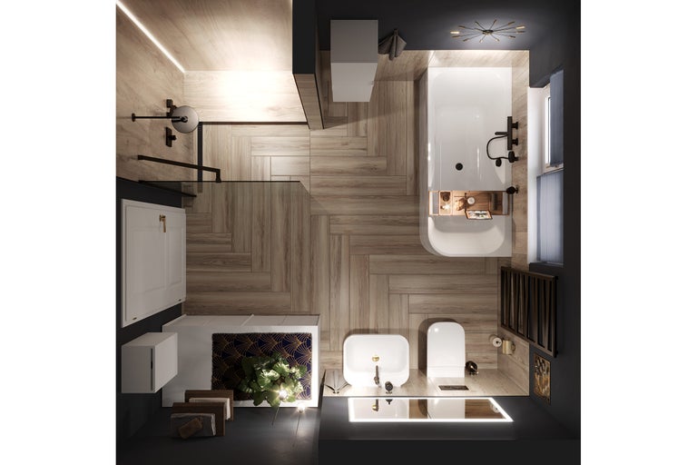 Vogelperspektive eines Badezimmers mit Badewanne, Waschbecken, Toilette und Holzboden