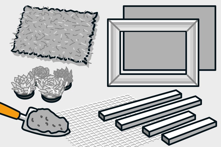 Materialien und Werkzeuge für den Bau eines Hochbeets, inklusive Pflanzen