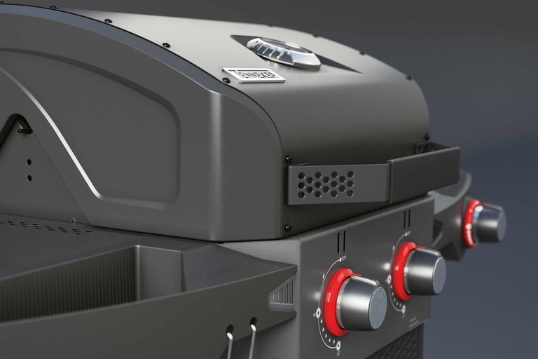 Detailansicht eines Gasgrills mit Einstellknöpfen und Warmhalterost