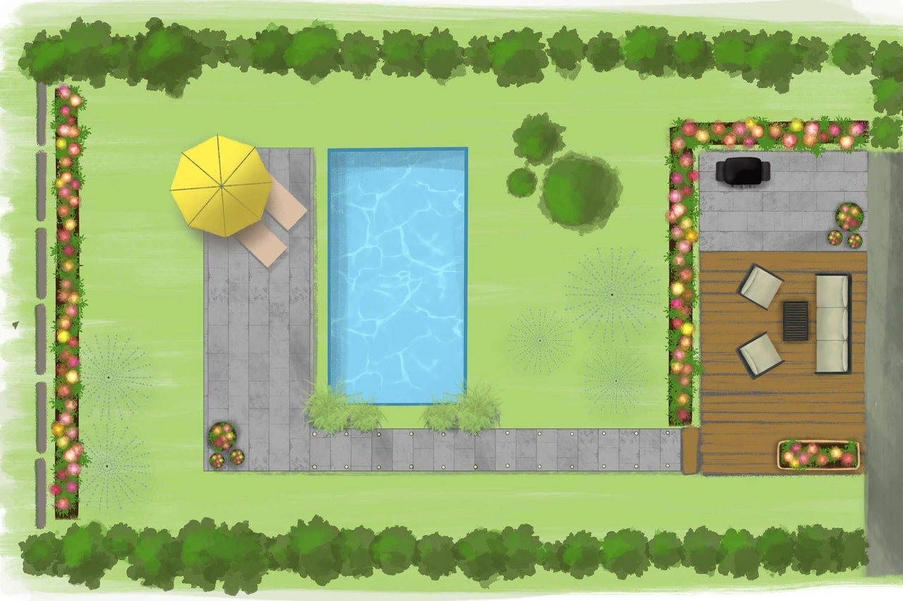 Illustration einer Gartengestaltung mit Pool, Terrasse und Bepflanzung (Draufsicht)