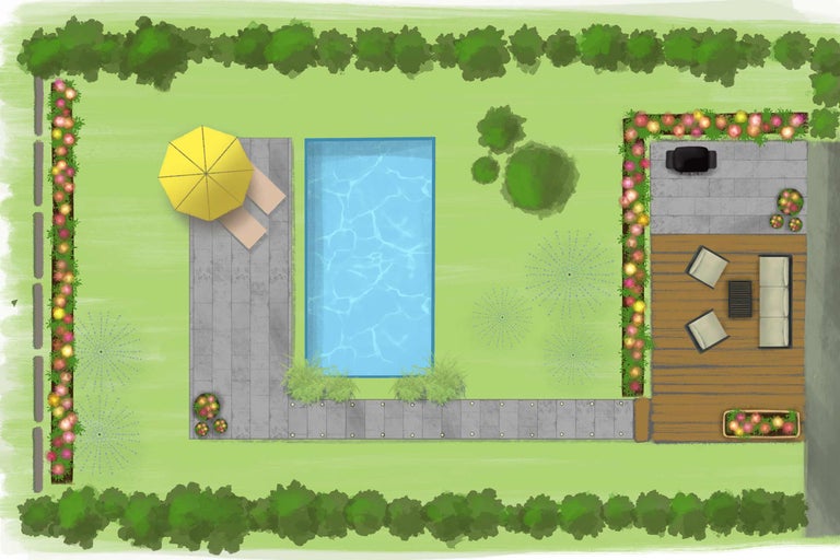 Illustration einer Gartengestaltung mit Pool, Terrasse und Bepflanzung (Draufsicht)