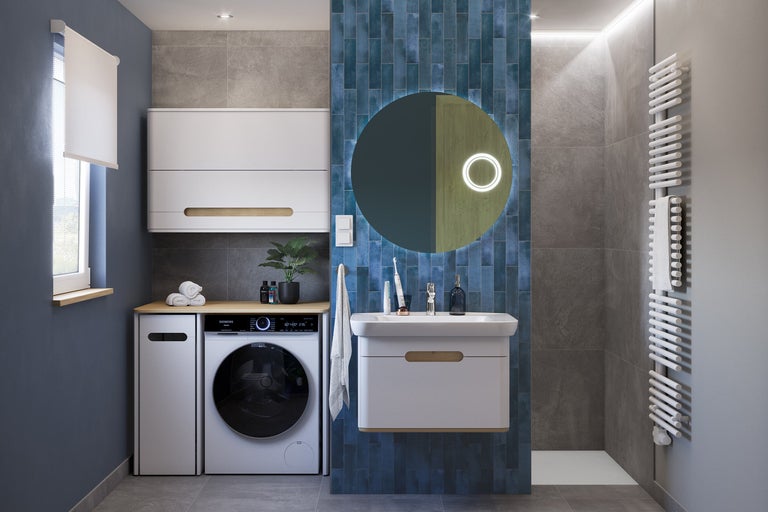Modernes Badezimmer mit Waschmaschine, Waschtisch, Spiegel und Heizkörper