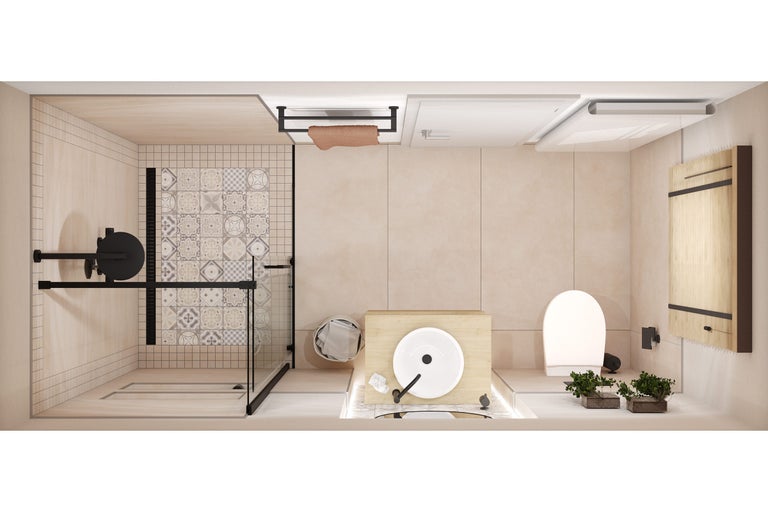 Übersicht eines Badezimmers mit Dusche, Waschbecken, Toilette und Badmöbeln.