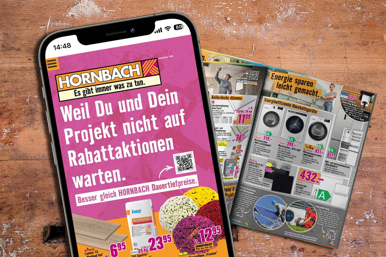 Smartphone zeigt die Hornbach Website mit Werbeangeboten und Produktkatalogen für Heimwerkerprojekte und Energieeffizienz.