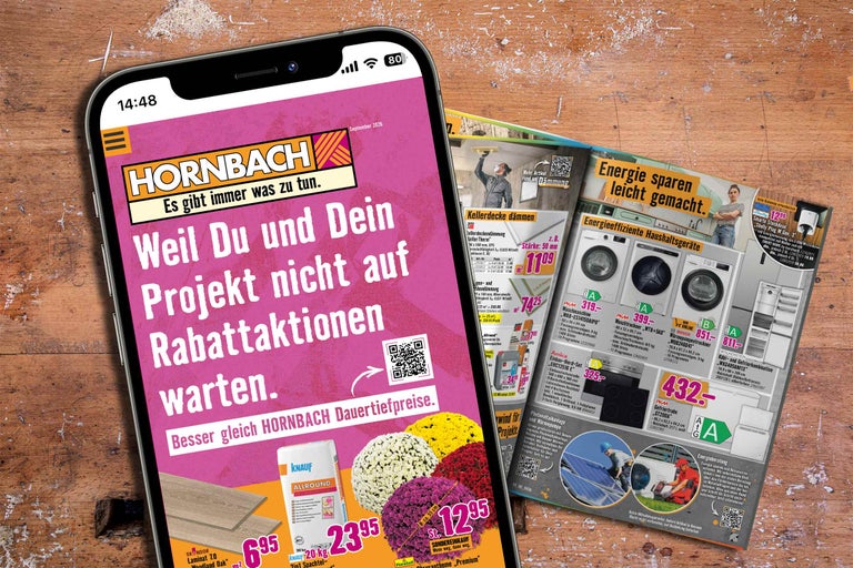Smartphone zeigt die Hornbach Website mit Werbeangeboten und Produktkatalogen für Heimwerkerprojekte und Energieeffizienz.