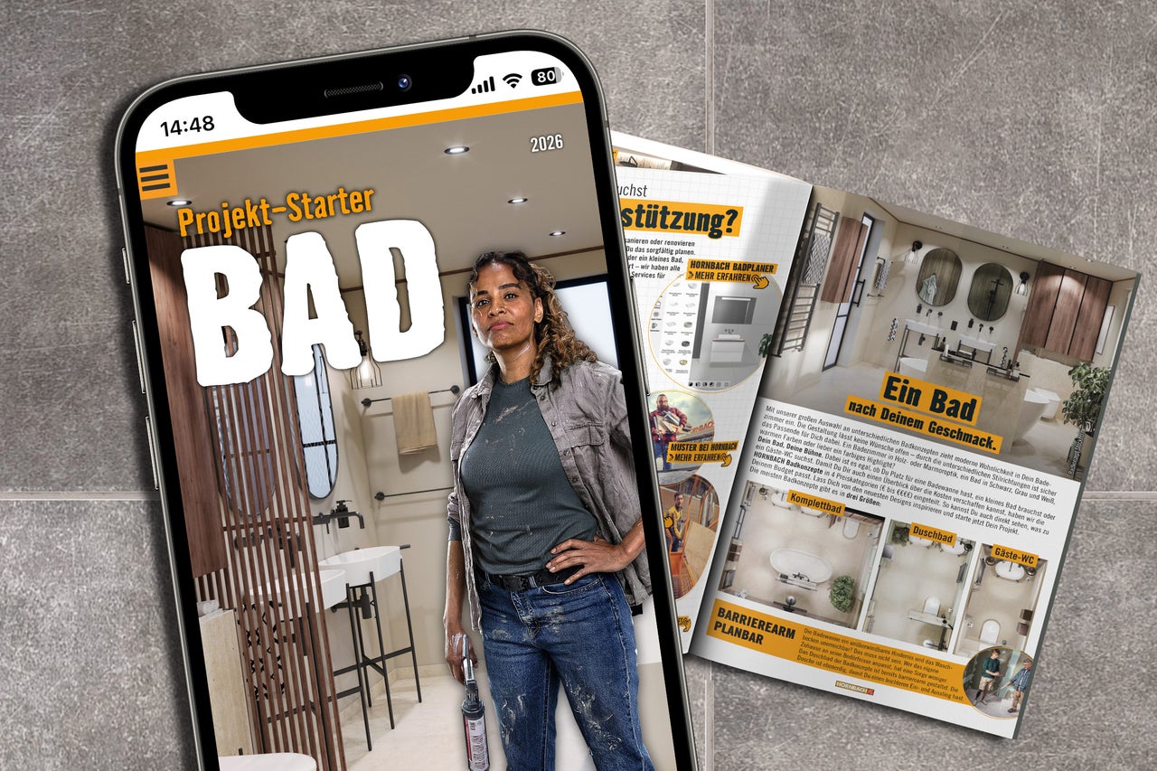 Smartphone und aufgeschlagenes Magazin mit Badgestaltungs-Ideen von Hornbach