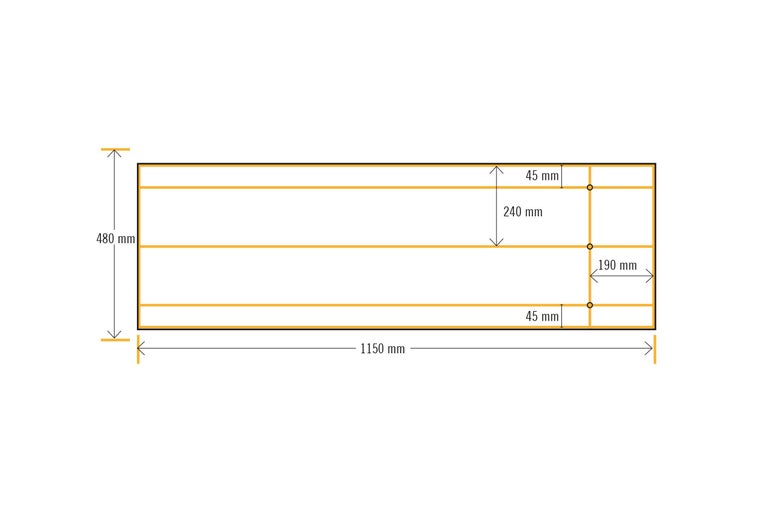 Technische Zeichnung mit den Maßen 1150 mm Breite und 480 mm Höhe