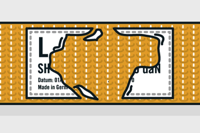 Etikett mit Herstellungsdatum und Herstellungsort Deutschland