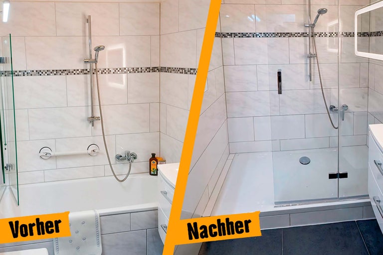 Vorher-Nachher-Vergleich eines Badezimmers mit Badewanne und Dusche, gefliesten Wänden und Waschtisch