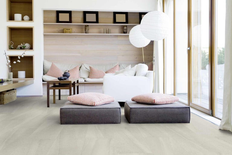 Helles Wohnzimmer mit Sitzkissen, Sofa und Regalen