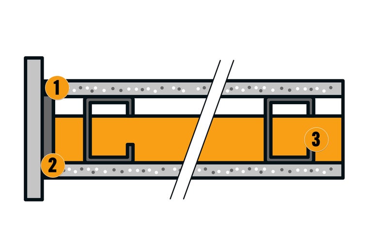 Querschnitt einer Wandkonstruktion mit Dämmung und Metallprofilen