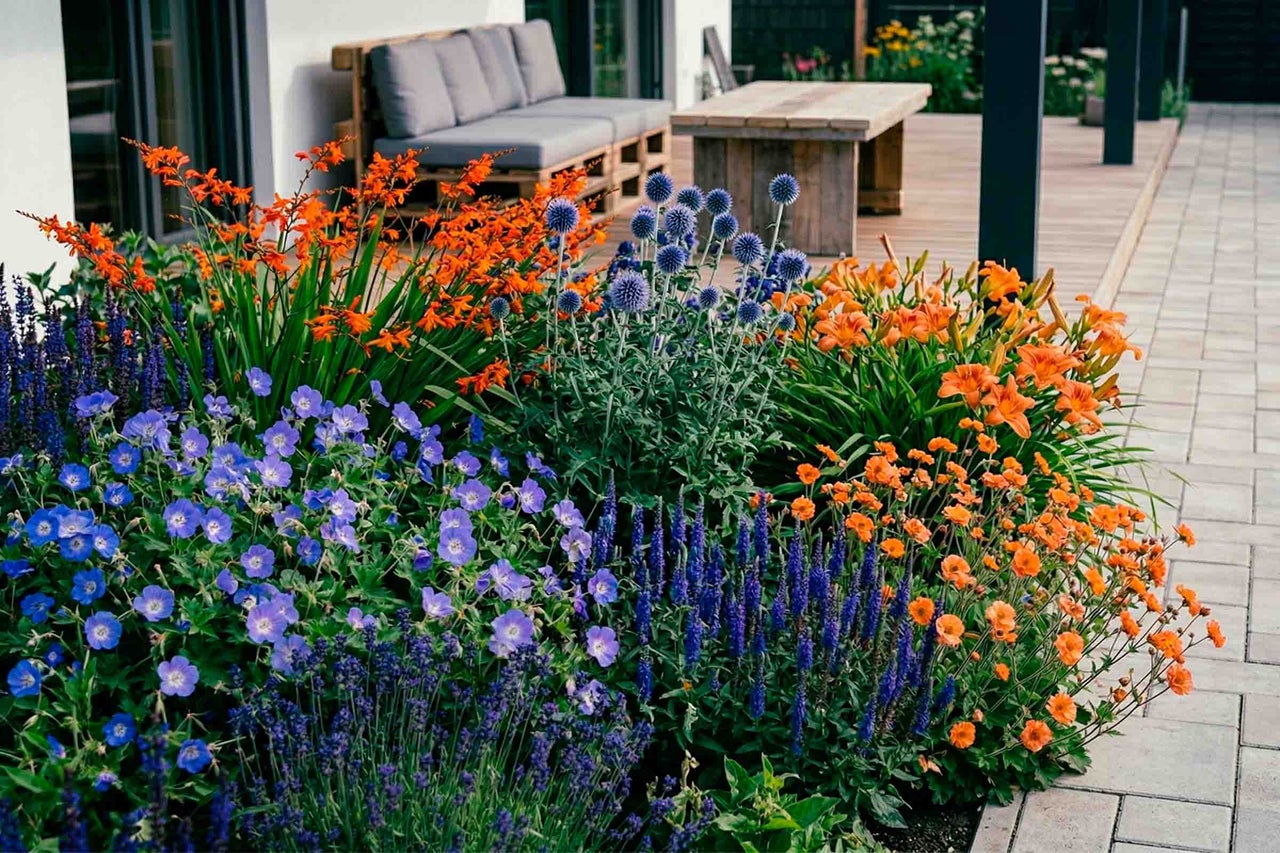 Buntes Blumenbeet mit orangefarbenen Montbretien, blauem Storchschnabel und Kugeldisteln neben einer Terrasse mit Palettenmöbeln und Holztisch.