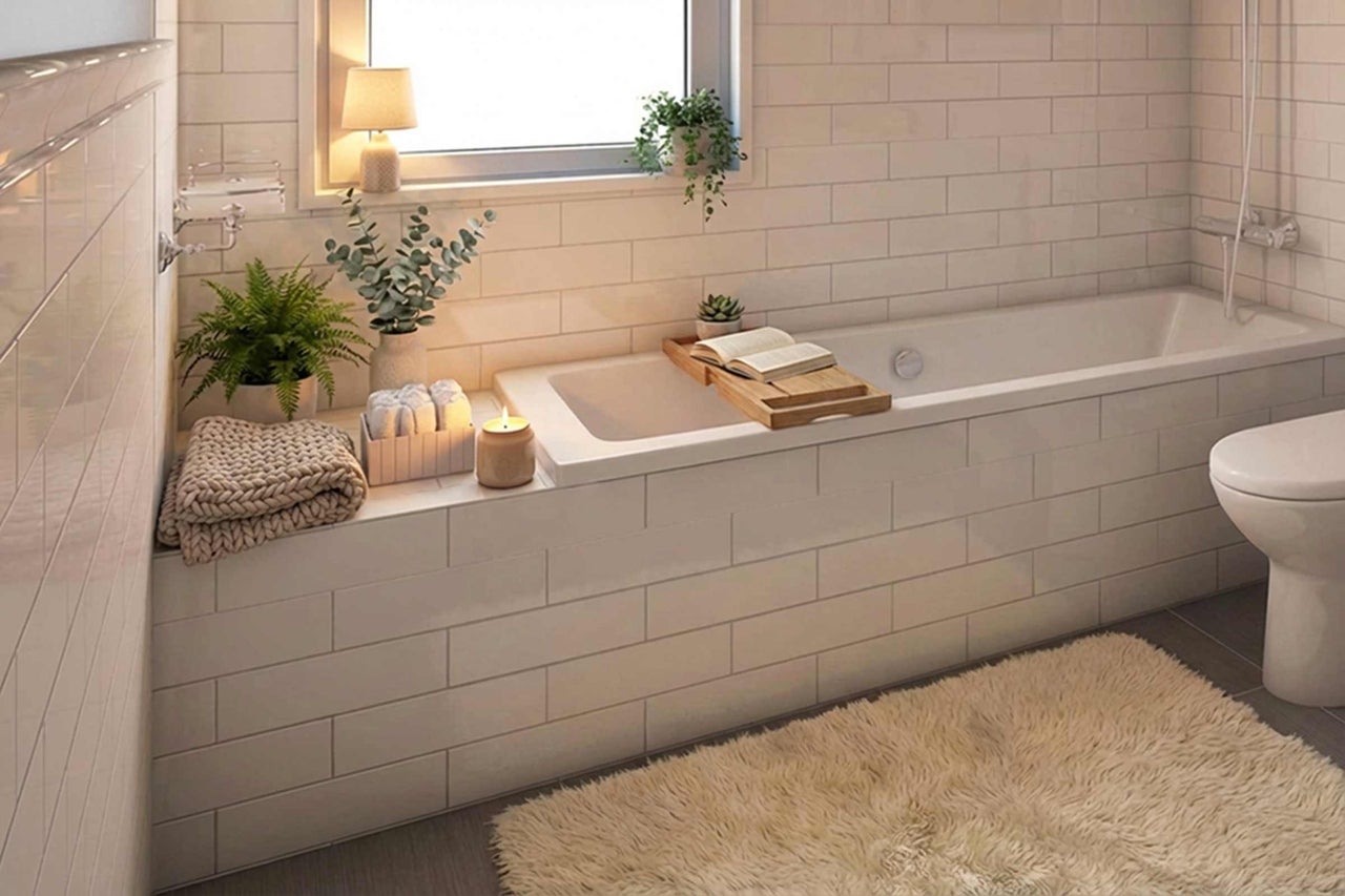 Badezimmer mit Badewanne, Toilette, Fliesen und Dekorationsartikeln für eine entspannende Atmosphäre